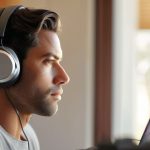 Person using noise canceling headphones for focus.