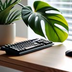 Green desk plant in modern workspace.