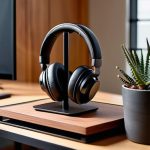 Organized desk with a headset stand.